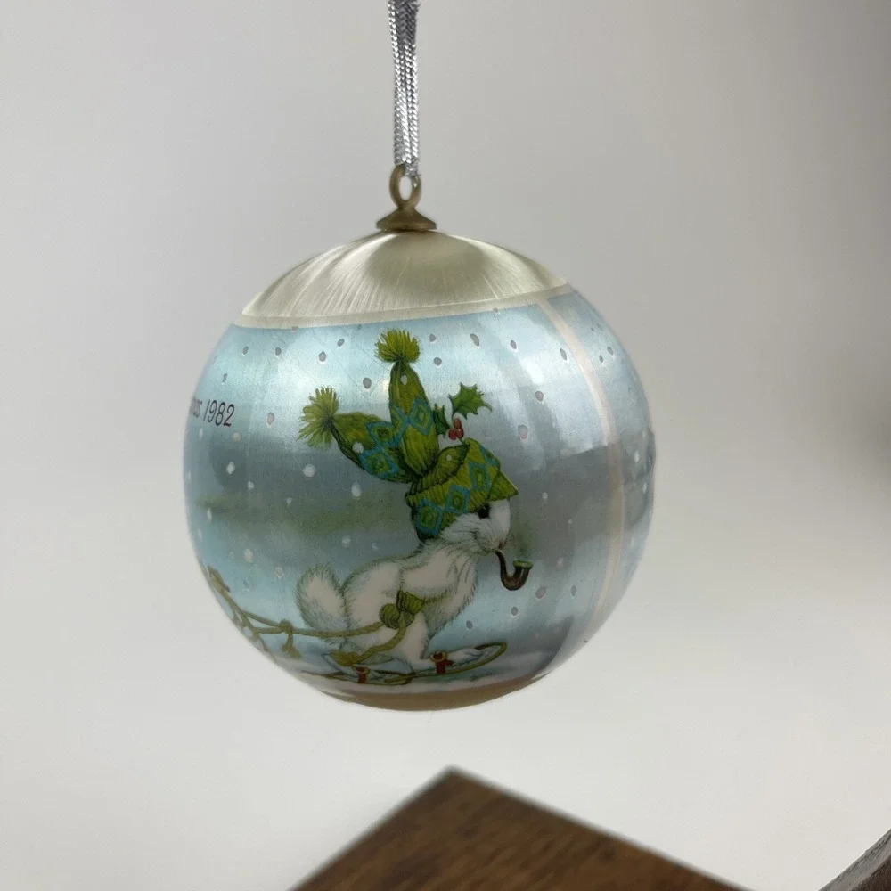 Vintage 1982 Hallmark Grandson Satin Ball‎ Christmas Ornament Bunnies Sled Snow